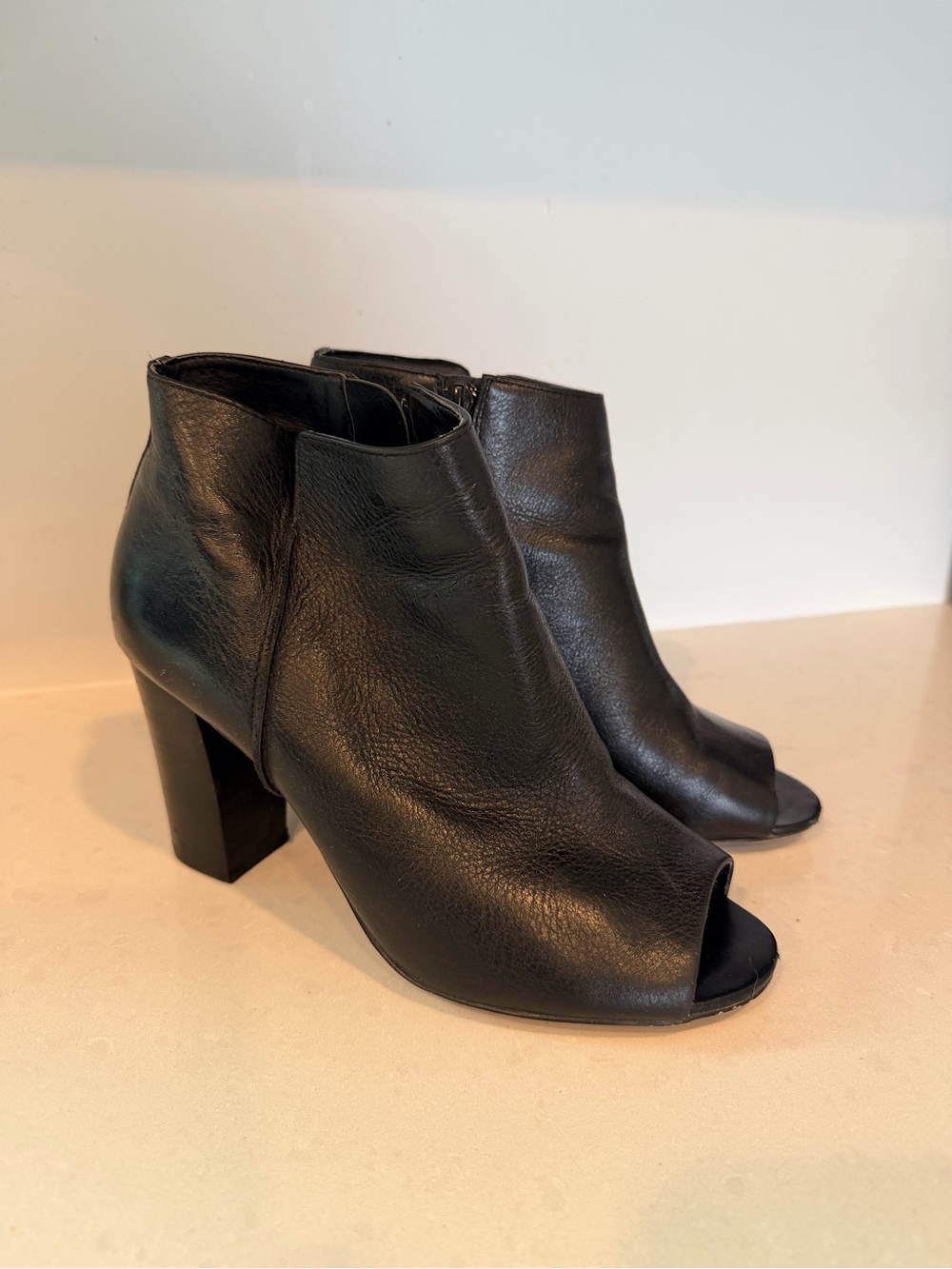 Aldo Black Leather Peep-Toe Ankle Booties